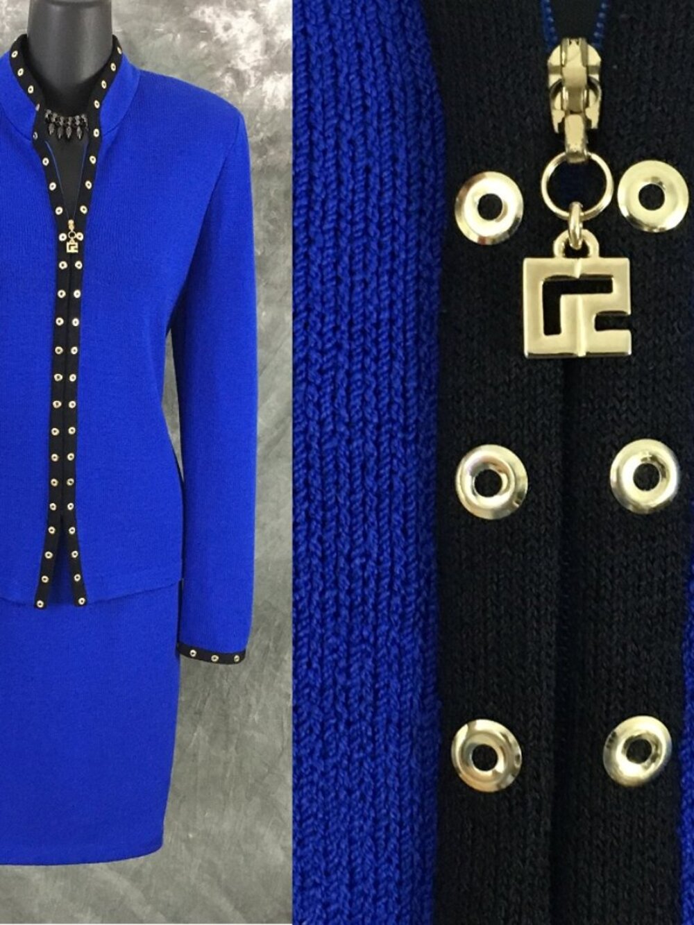 BEAUTIFUL St John collection knit blue black skirt suit size 8